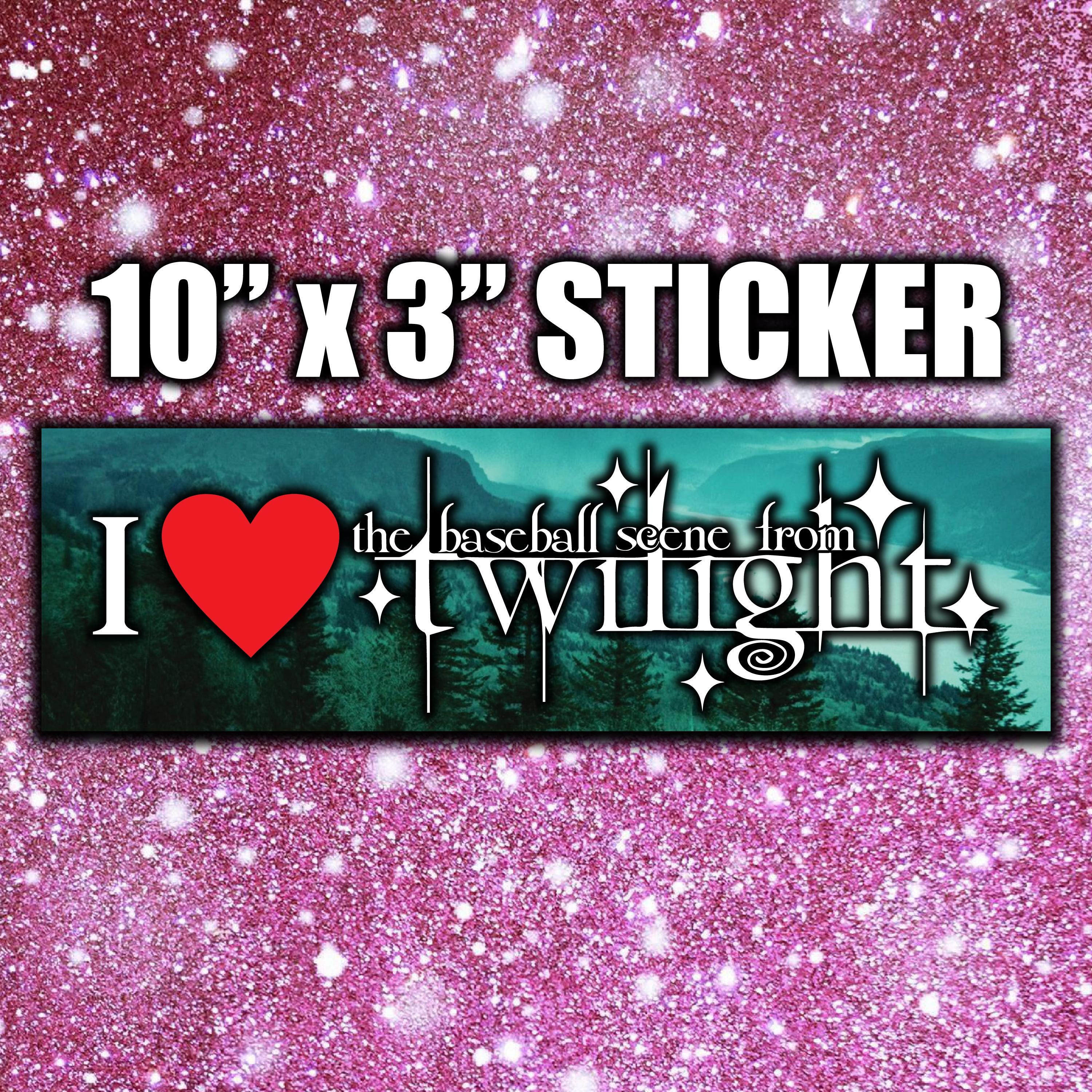Sticker with 'I ❤️ the baseball scene from twilight' text on a pink glittery background.