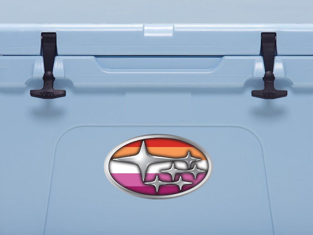 Light blue cooler with a colorful logo on a light gray background
