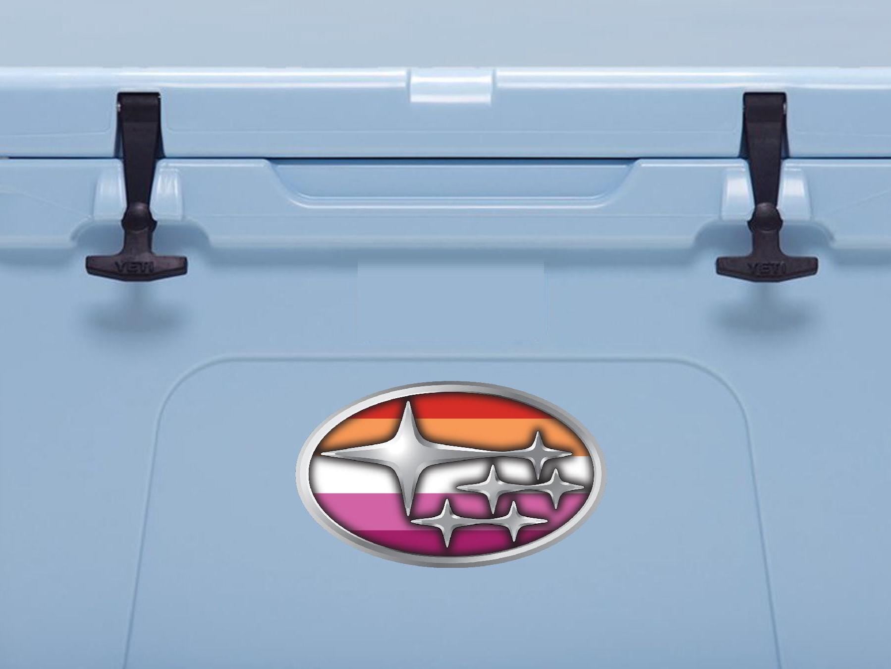 Light blue cooler with a colorful logo on a light gray background