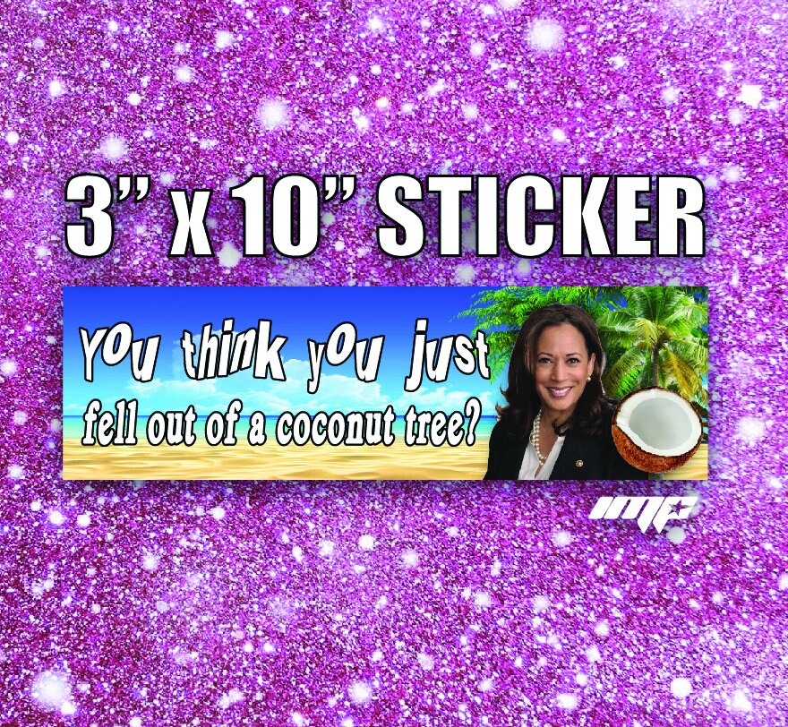 Sticker with text and image of a person holding a coconut on a glittery purple background