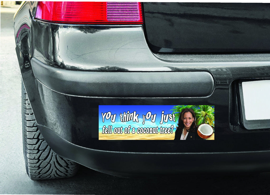 Car bumper with a humorous magnet featuring a woman and text