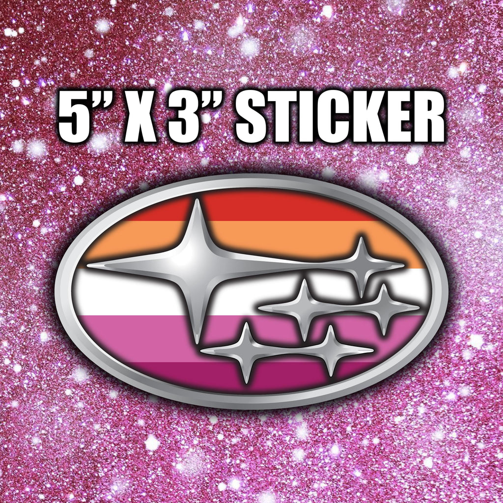 Sticker with Subaru logo on a pink glittery background with text '5'' X 3'' STICKER'.