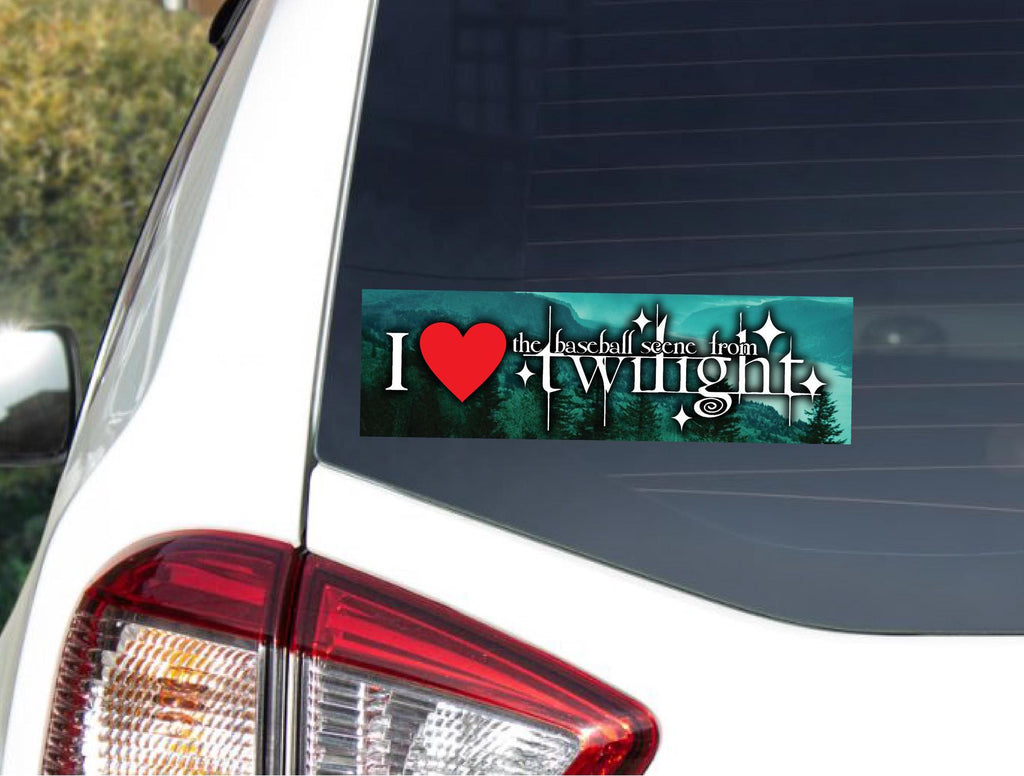 Car decal with 'I ❤️ the forest scene from Twilight' text on a vehicle's rear window.