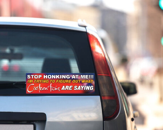 Car with a humorous bumper sticker on the back window, blurred city street in the background
