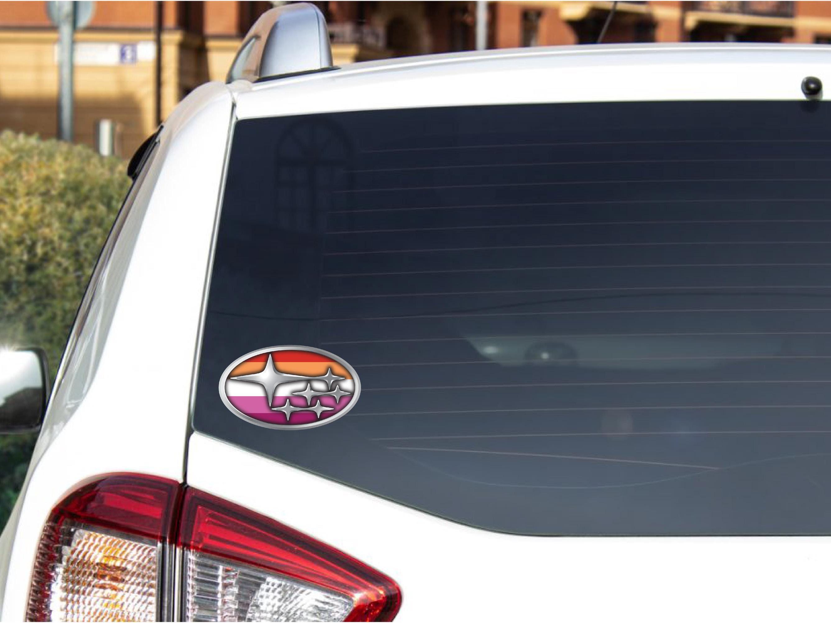 Car with a colorful decal on the rear window