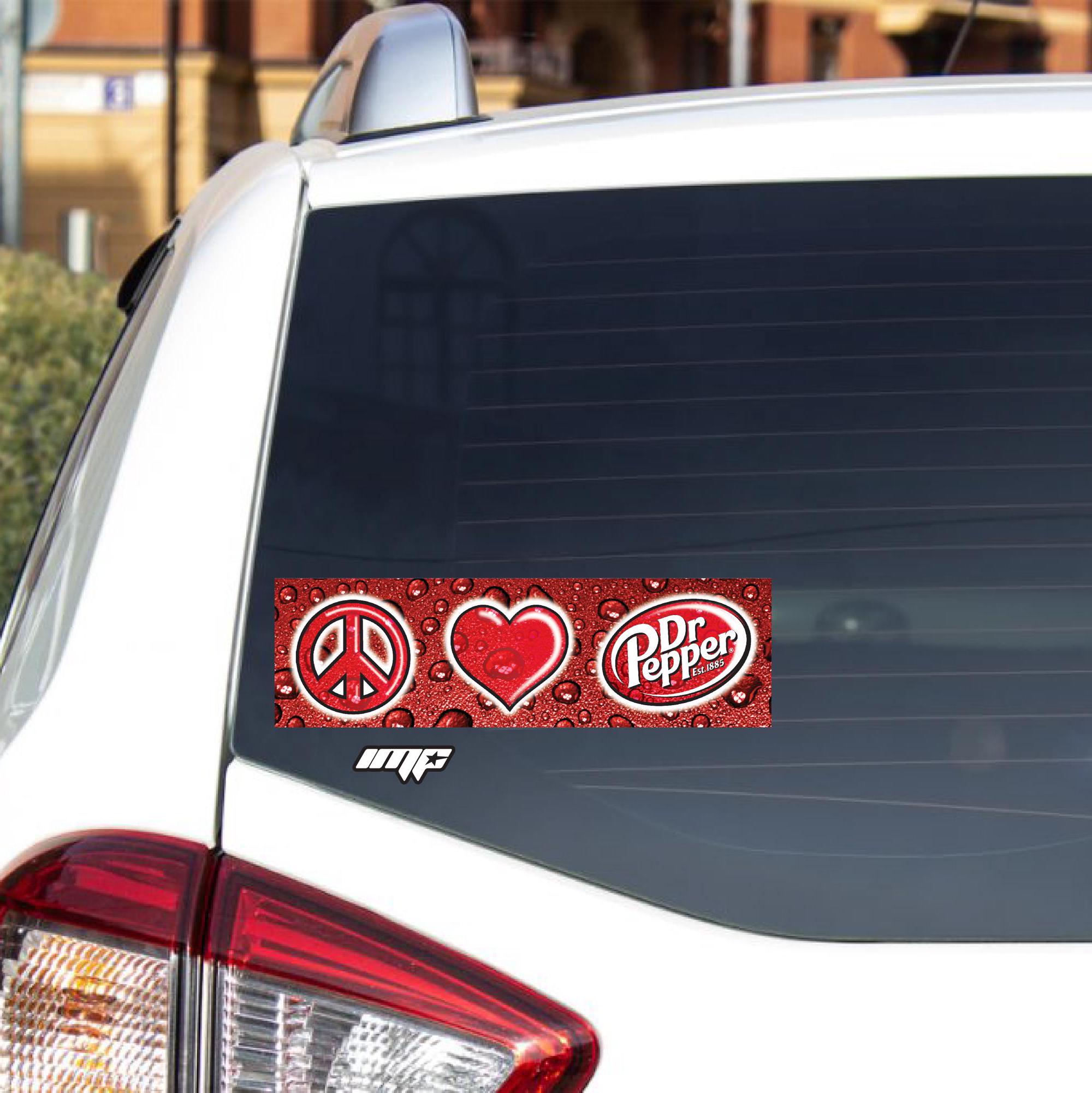Car with a Dr Pepper bumper sticker featuring peace symbol, heart, and logo on a red glittery background.