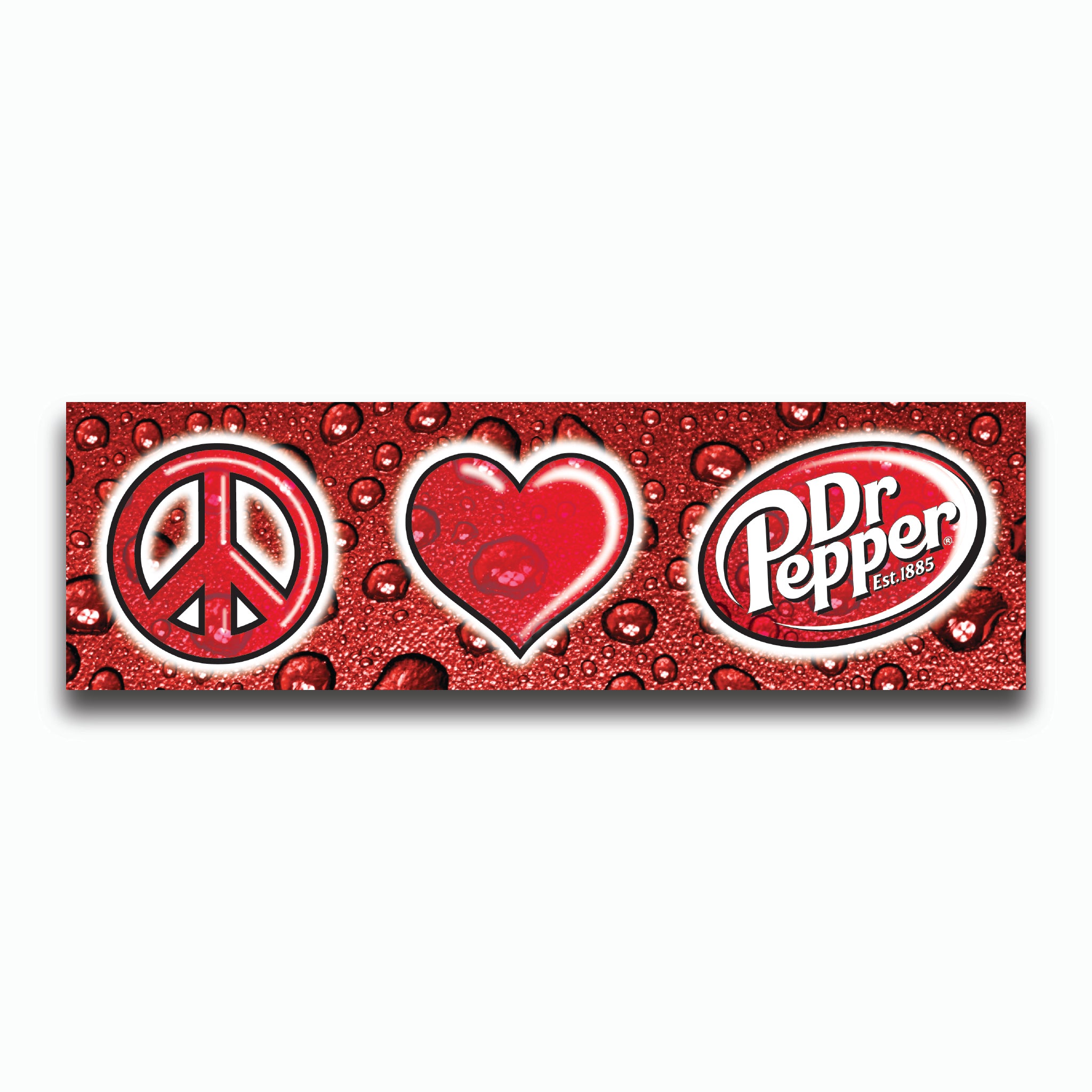 Dr Pepper logo with peace symbol and heart on a red background