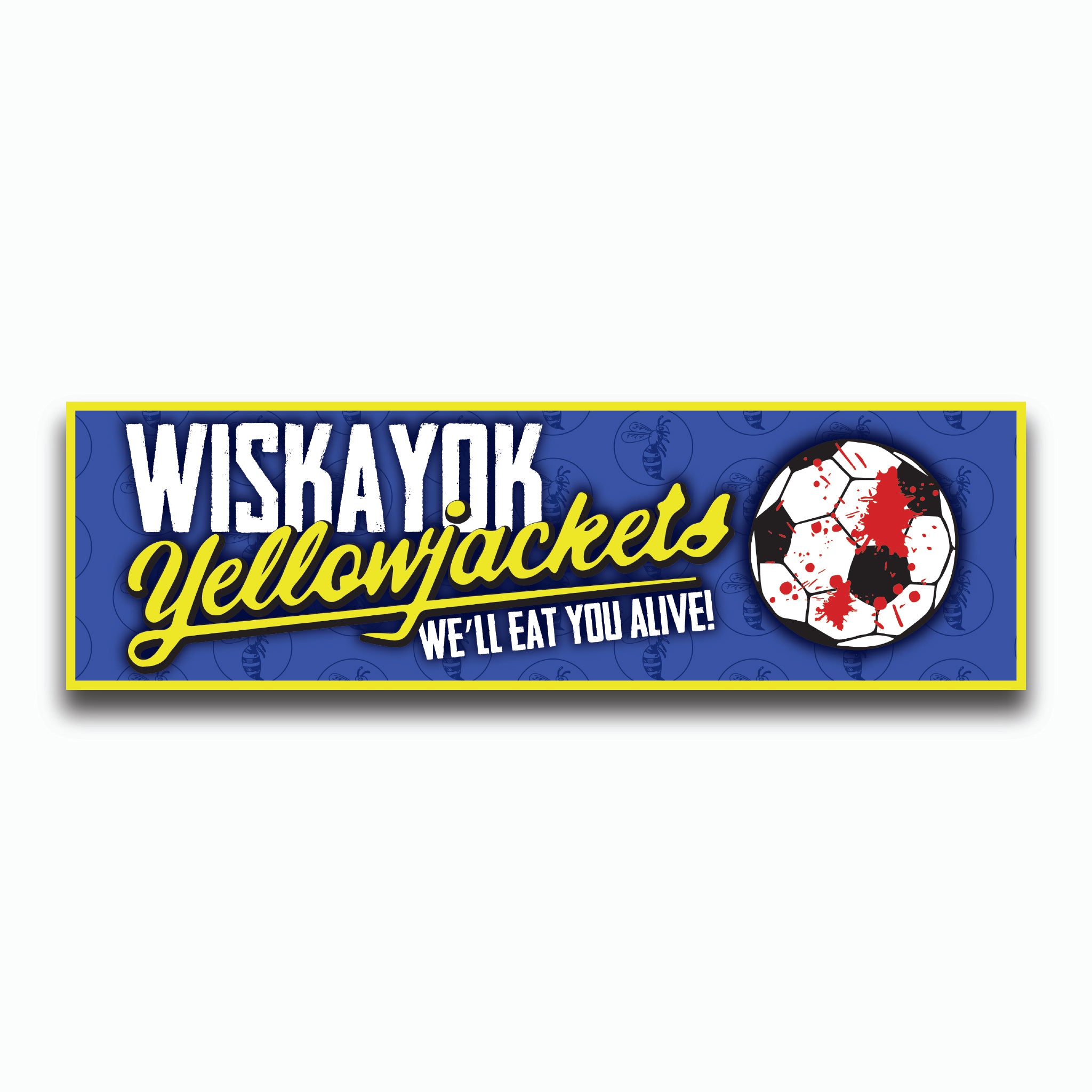 Bumper sticker with 'Wiskayok Yellowjackets' text and a soccer ball graphic on a blue background.
