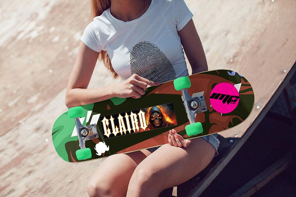 Person holding a skateboard with visible branding
