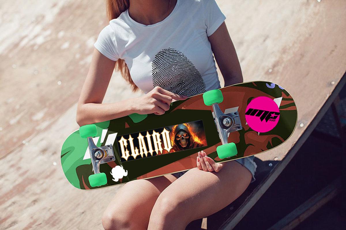 Person holding a skateboard with visible branding