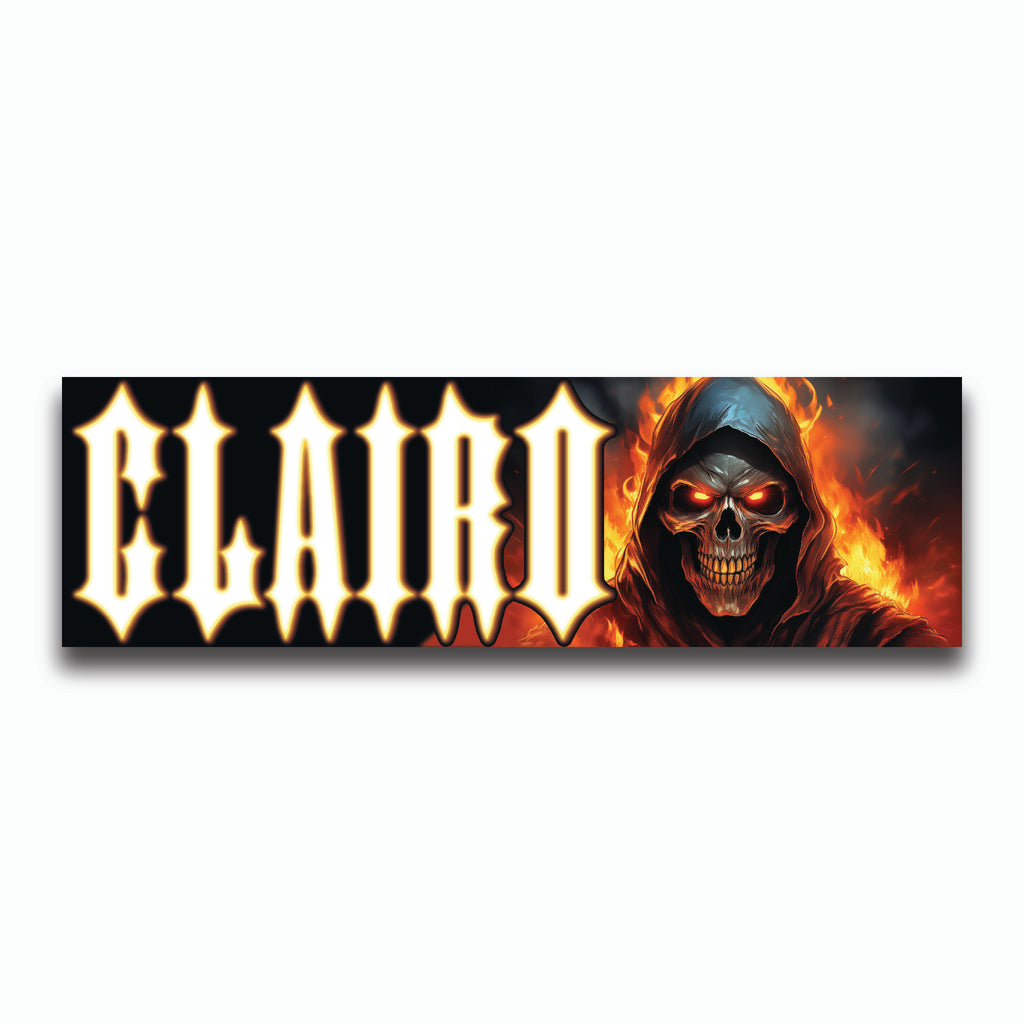 Bumper sticker with a skull design and 'CLAIRO' text on a black background