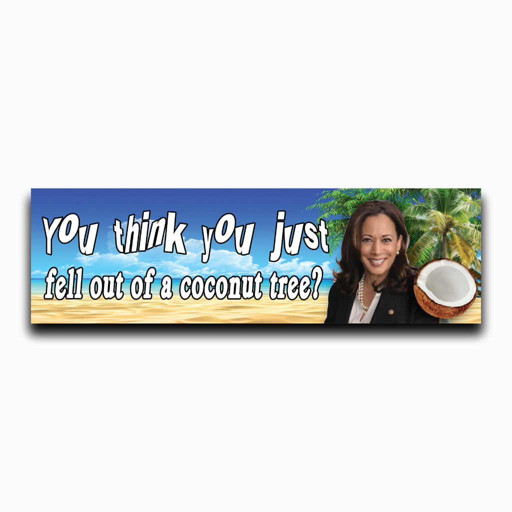 Bumper sticker with a woman holding a coconut and text on a beach background