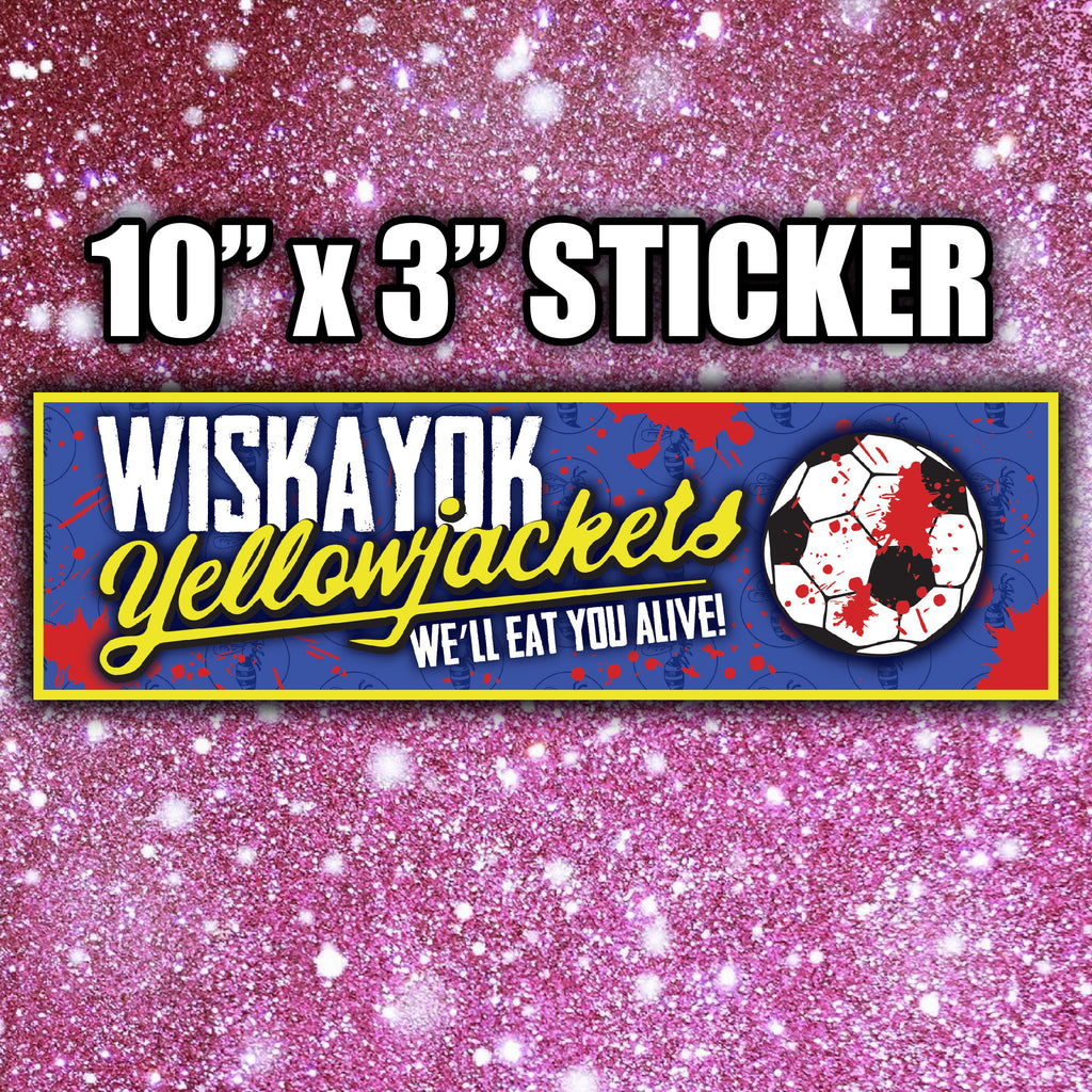 Sticker with 'Wiskayok Yellowjackets' text and soccer ball design on a pink glittery background.
