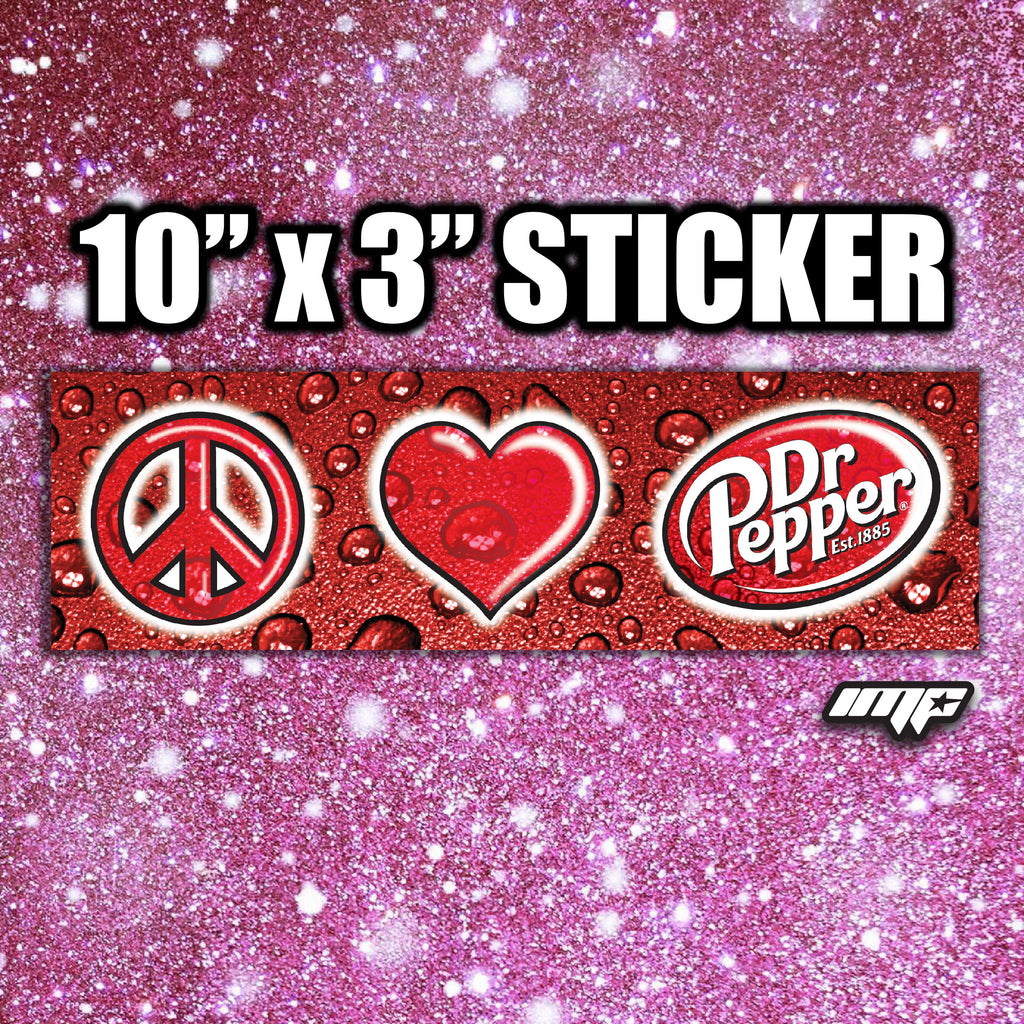 Dr Pepper sticker with peace symbol, heart, and logo on a pink glittery background