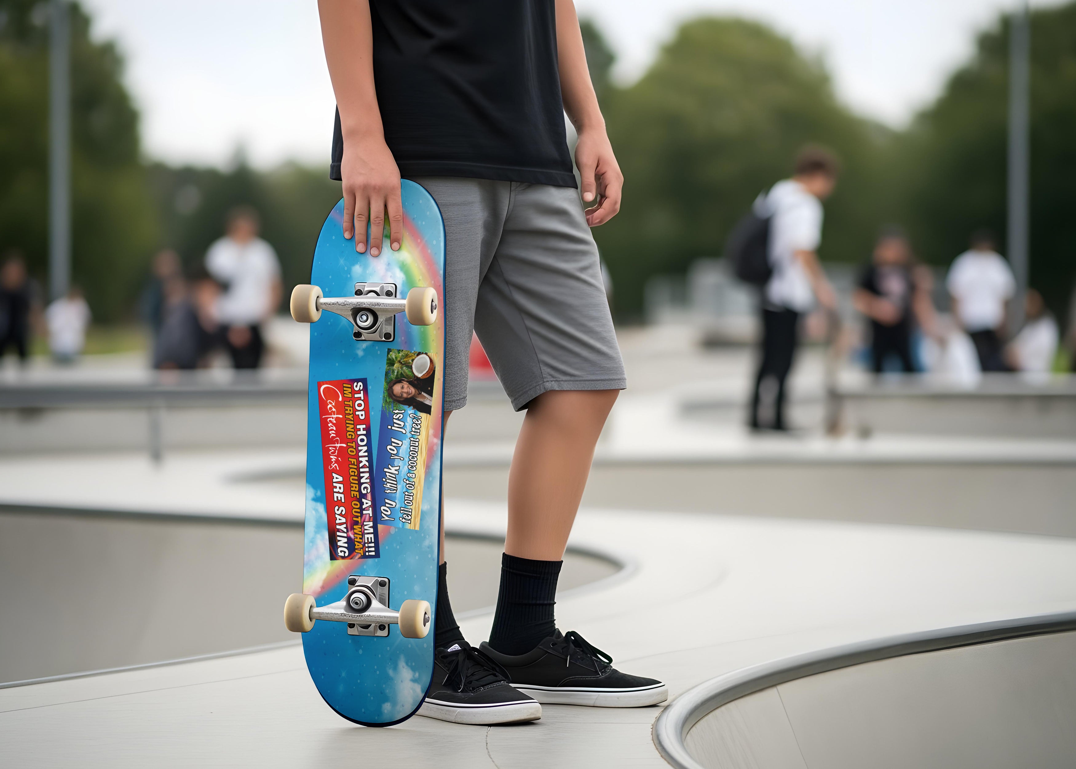 Person holding a colorful skateboard with visible branding at a skate park.
